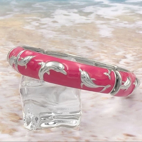 🌼 Dolphin Pink Enamel Silver Stretch Bracelet - Picture 1 of 2